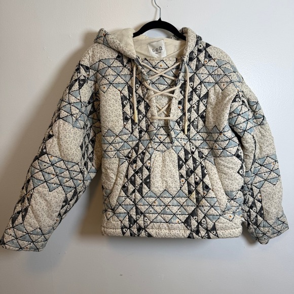 Sea New York Clemence Quilted Printed Patchwork Laced Hoodie Jacket Size S - Picture 2 of 11